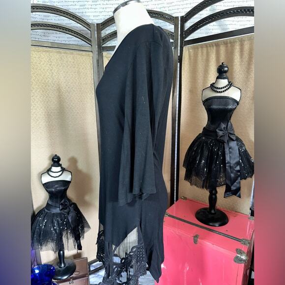 Origami Black Spandex Polyester Cotton Dress Lace Hemline Size Small - Picture 7 of 12